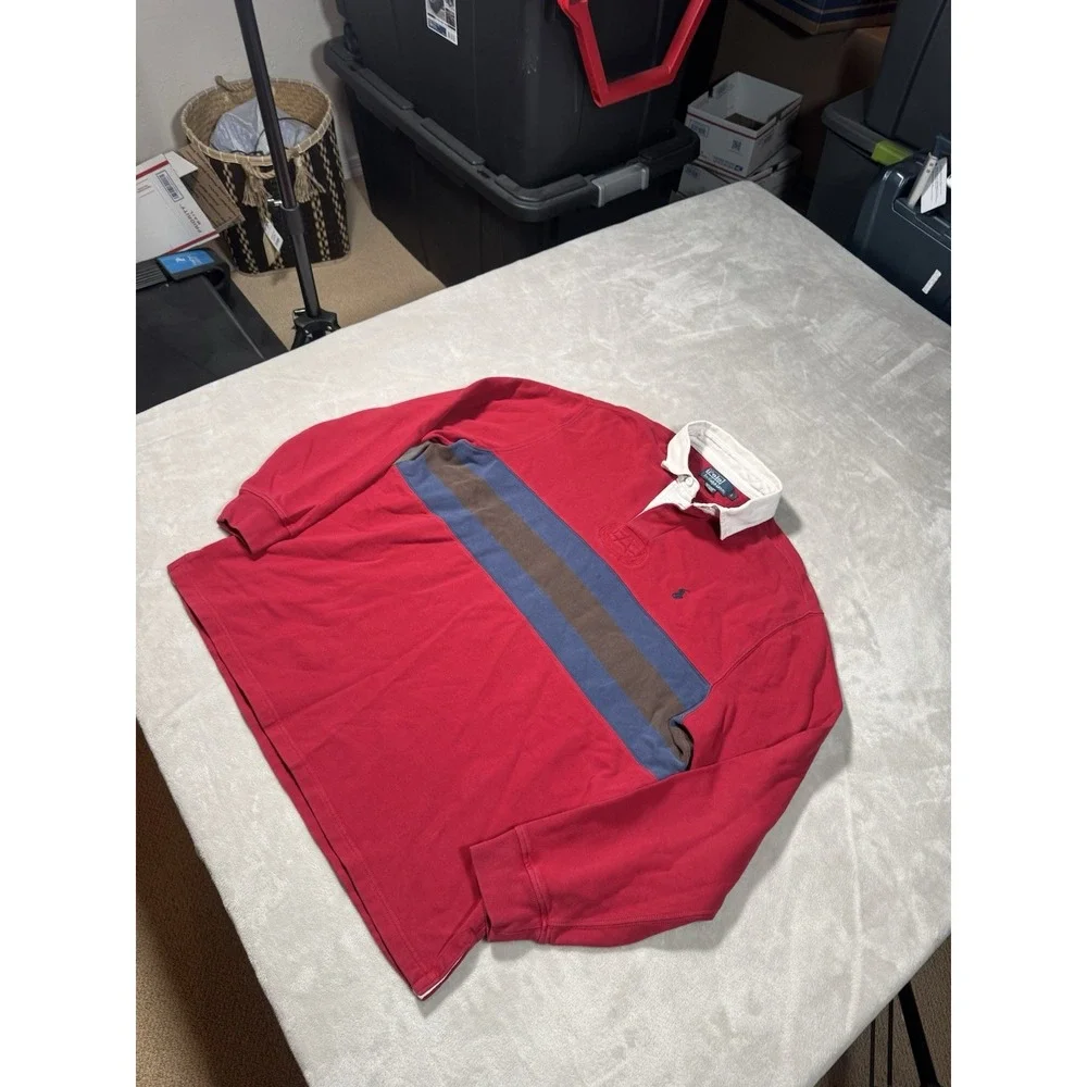 Vintage Polo Ralph Lauren Rugby Shirt Size Large Red Blue Black Stripes Preppy